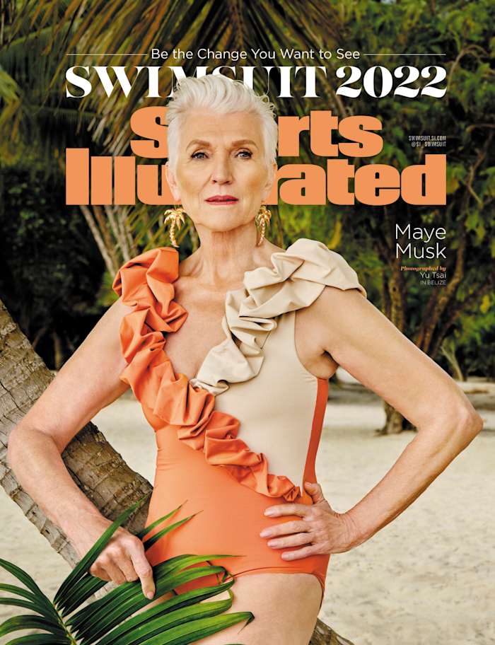 Maye Musk was photographed by Yu Tsai in Belize. Swimsuit by Maygel Coronel. Bracelet by Viktoria Hayman.